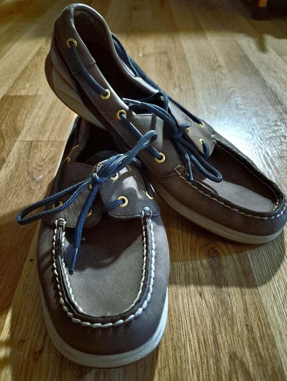 Unisex Brown Leather Boat Shoes with Navy Laces and Blue & Green Flannel Panels.